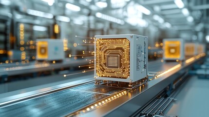 Fototapete - Glowing Delivery Package Traveling on a Conveyor Belt Linked to a Bright Digital Network Representing Advanced Logistics and Automation Technology in the Modern Supply Chain and Distribution Industry