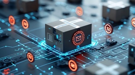 Fototapete - Advanced logistics concept featuring a glowing delivery box moving along an automated conveyor belt surrounded by a network of interconnected digital points