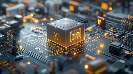 Aufkleber - Futuristic Logistics Concept Showcasing a Glowing Delivery Box on a Conveyor Belt Surrounded by an Interconnected Network of Glowing Points Representing the Advanced Technology and Connectivity of
