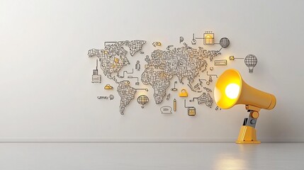 Fototapete - Glowing golden megaphone with an illuminated world map pattern highlighting a radiant globe in a modern minimalistic space representing global communication digital technology