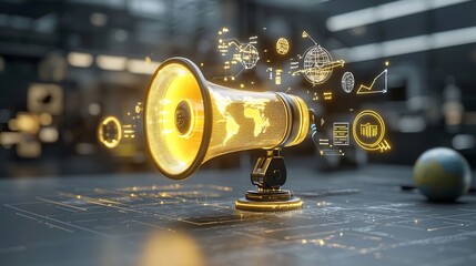 Leinwandbilder - Sleek and illuminated futuristic megaphone device surrounded by a glowing world map design golden light and a floating globe in a dynamic conceptual space backdrop  Representing global communication