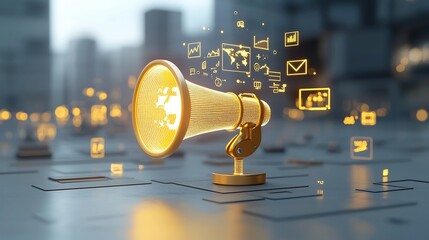 Poster - Glowing futuristic megaphone with a radiant world map motif projecting golden light onto a luminous globe in a minimalistic environment  Conceptual technology and communication visualization