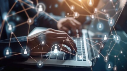 Poster - A person typing on a laptop with digital network connections and user icons overlay.