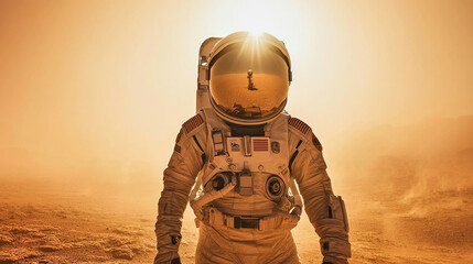 astronaut explores the martian landscape under glowing sunlight and distant dust storms