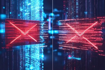Poster - Digital representation of email communication with glowing icons and binary background.