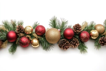 Wall Mural - Festive Christmas garland with pine branches, red and gold ornaments, and pine cones on a white background.