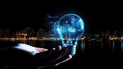Poster - A glowing light bulb held in a hand, symbolizing innovation and ideas against a city backdrop.