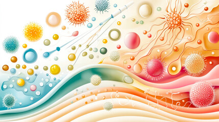 Leinwandbilder - Vibrant visual depicts various microorganisms and cells in a fluid, artistic arrangement, showcasing biological diversity and form