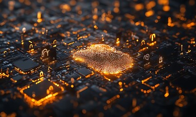 Poster - A digital circuit board illuminated with glowing data patterns and security symbols.
