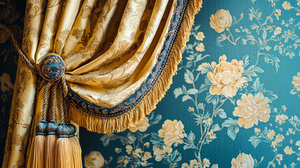 Poster - Richly textured golden curtains frame a vibrant floral wallpaper, enhancing the luxurious ambiance of the room