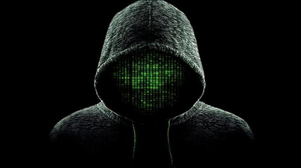 Poster - A mysterious figure in a hood with a digital face made of green binary code.