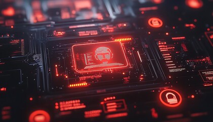 Poster - A digital interface featuring a red-hued avatar and security elements, emphasizing technology.