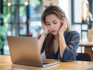 Poster - A woman looks stressed while working on a laptop in a modern office setting.