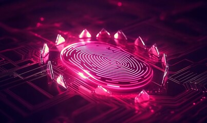 Poster - A futuristic fingerprint scanner surrounded by geometric shapes and a glowing circuit design.