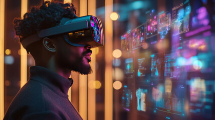 Poster - Immersive virtual reality experience with man wearing VR headset, exploring digital data and graphics in futuristic environment