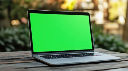 Poster - A laptop with a green screen placed on a wooden table in an outdoor setting.