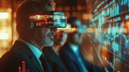 Poster - Business team using virtual reality technology for data analysis and strategy. focus is on innovation and collaboration in modern workspace