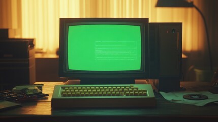 Poster - A vintage computer setup with a green screen displaying code, evoking nostalgia for early tech.