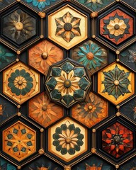 Poster - A stunning display of ornamental hexagonal wall art featuring intricate floral designs in vibrant colors, showcasing craftsmanship and artistic beauty.