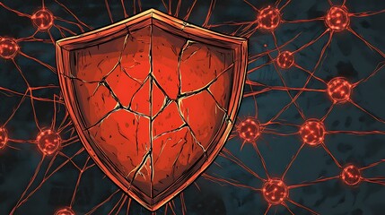 Poster - A cracked red shield surrounded by interconnected nodes, symbolizing protection and connectivity.