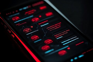 Poster - A smartphone displaying a dark-themed interface with red accents and chat-like messages.
