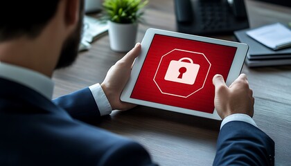 Poster - A man in a suit holds a tablet displaying a locked padlock symbol, indicating security concerns.
