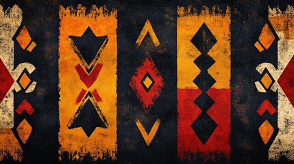 Poster - Colorful tribal pattern showcasing vivid geometric designs on a textured background. Perfect for illustrating cultural heritage and artistic expression.