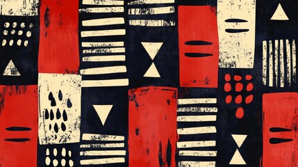 Poster - Vibrant abstract pattern featuring geometric shapes in red, black, and cream colors. Perfect for backgrounds or creative projects.
