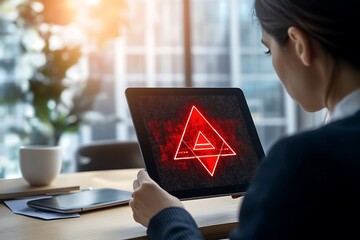 Poster - A person viewing a glowing geometric symbol on a tablet in a modern office setting.