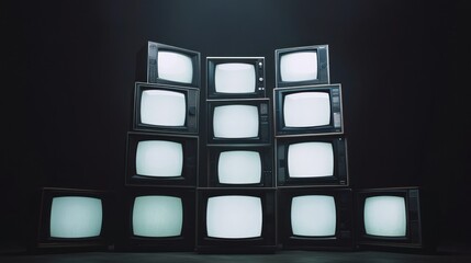Poster - A stack of vintage televisions with blank screens, creating a retro aesthetic.