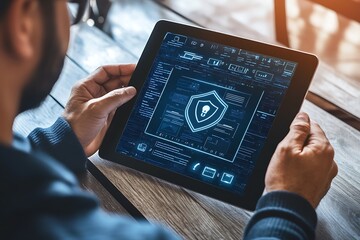 Poster - A person using a tablet displaying a digital security interface with a shield icon.