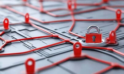 Poster - A digital map with red pathways and a padlock symbolizing security and connectivity.