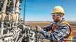 © Irina - Oil rig worker adjusting machinery in safety gear under blue sky