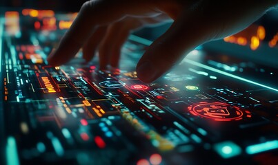 Poster - A hand interacts with a futuristic, illuminated digital interface displaying data and controls.