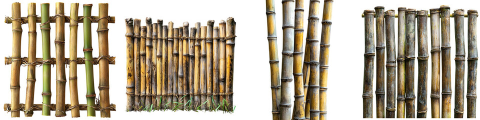 Wall Mural - A bamboo wall tightly woven stalks with natural green and yellow hues rustic style isolated on white and transparent background