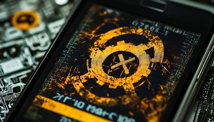 Fototapete - A smartphone displaying a digital graphic with abstract designs and circuitry background.