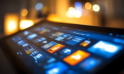 Poster - A close-up of a touchscreen interface displaying various digital options and applications.
