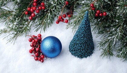 Wall Mural - Blue Christmas Ornament and Miniature Tree on Snowy Surface