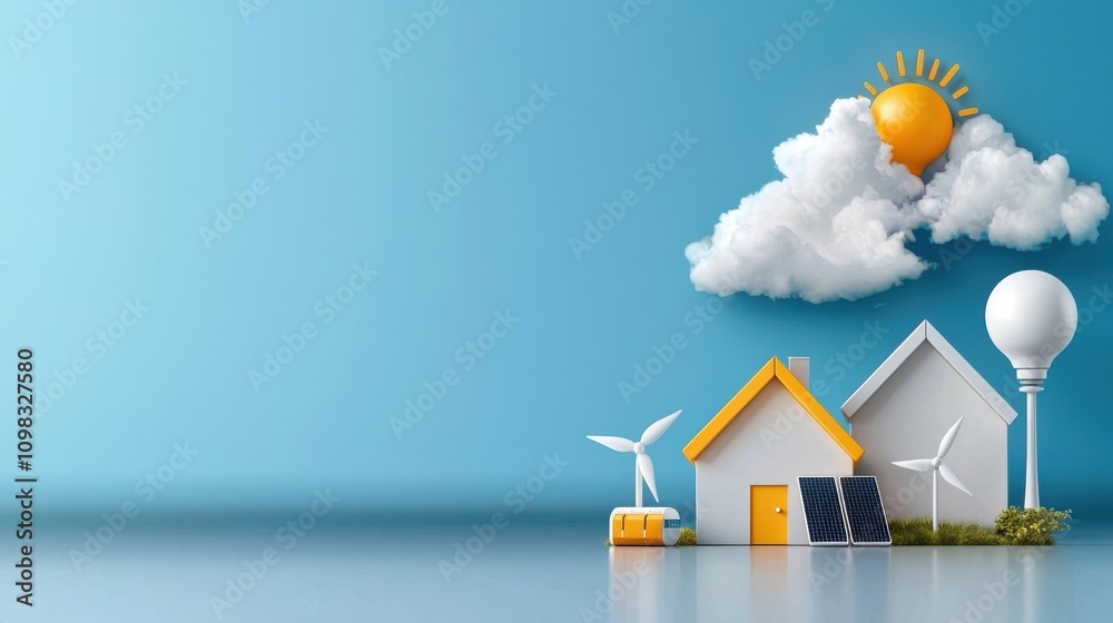 Sustainable home design with wind turbine and solar panels generating ...