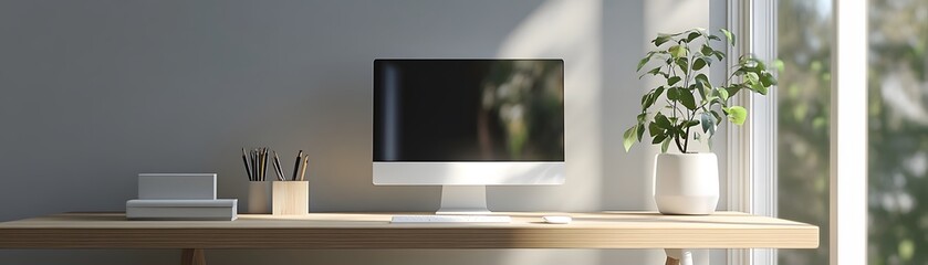 Poster - Minimalist Workspace Featuring Computer Plant and Supplies