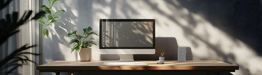 Poster - Modern Minimalist Workspace With Plants and Sunlight