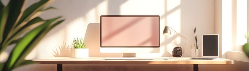 Poster - Sunlit Workspace Featuring Computer Tablet and Plants