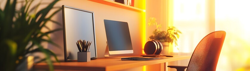 Poster - Modern Home Office Workspace With Computer And Plants