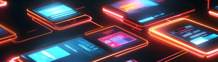 Poster - Neon Glow Illuminated Mobile Devices Displaying Digital Interfaces