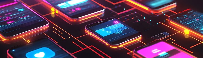 Poster - Neon Lit Smartphones Connected In A Network
