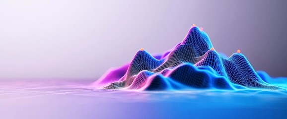 Poster - An abstract geometric background rendered in 3D, set in a virtual reality environment with a cyber space landscape of mountains. The mesh surface is illuminated by neon light.