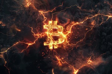 Poster - Bitcoin cryptocurrency symbol burning with fire and lightning in a dramatic scene