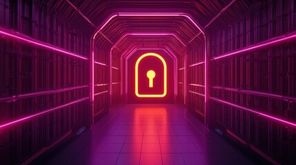 Poster - A neon-lit corridor features a glowing lock silhouette at the end, creating a futuristic and mysterious ambiance.