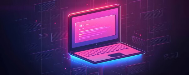 Poster - A vibrant, futuristic laptop glows with neon colors against a digital background, symbolizing technology and innovation.