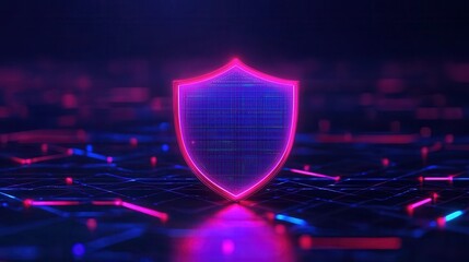 Poster - A glowing shield symbolizing digital security against a backdrop of binary code and neon lines, representing cybersecurity and data protection.